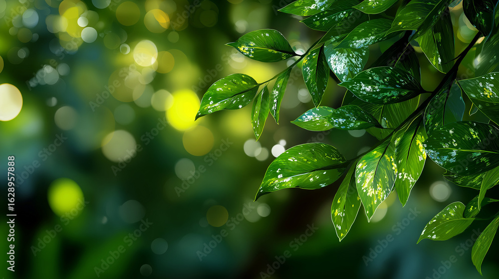 Poster lush green leaves with bokeh effect: a captivating display of vibrant green leaves glistens with wat