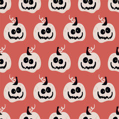 Fototapeta premium Halloween spooky white pumpkins seamless pattern on red background