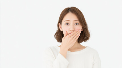 Fototapeta premium 口元を手で覆い驚いた表情の女性 白背景のポートレート