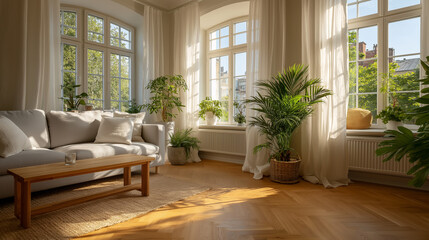 Fototapeta premium Serene Interior with Natural Light: A sun-drenched living space, showcasing a comfortable sofa, wooden floor, lush potted plants, and large windows that frame a beautiful view