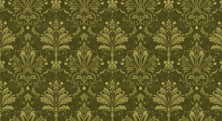 Fototapeta premium Vintage olive green damask pattern with ornate floral scrolls and a distressed texture.
