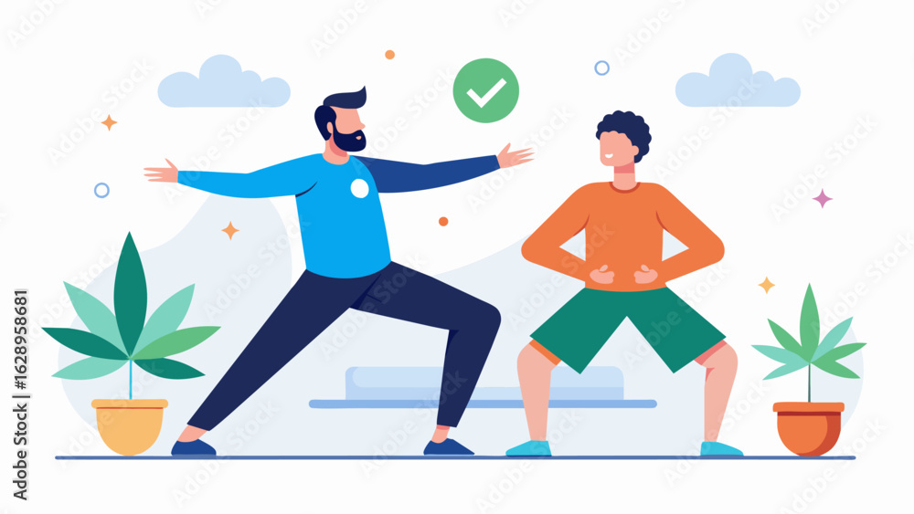Poster a man attending a tai chi class for his joint pain and another man trying out cbd oil for the same i