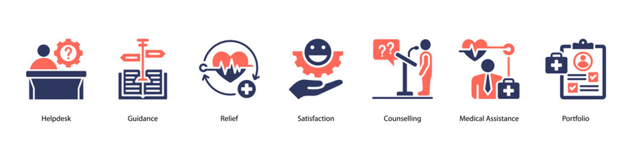 Fototapeta premium Customer Support web banner icon vector illustration featuring Helpdesk, Guidance, Relief, Satisfaction, Counselling, Medical Assistance, and Portfolio.