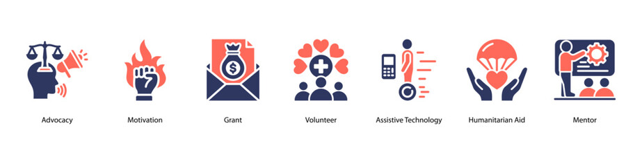 Uplift Others web banner icon vector illustration featuring Advocacy, Motivation, Grant, Volunteer, Assistive Technology, Humanitarian Aid, and Mentor.