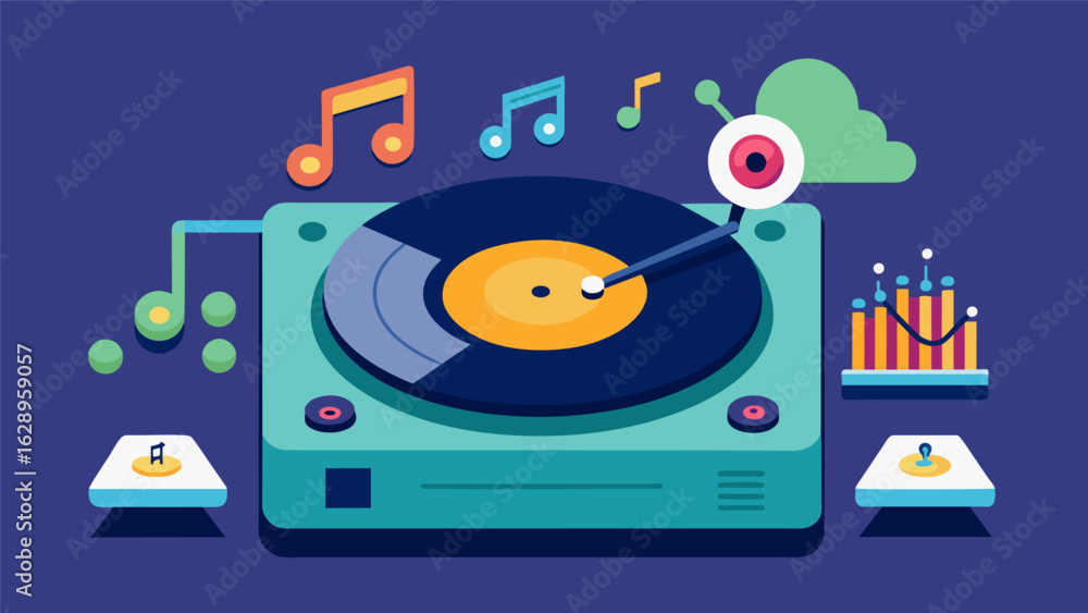 Poster a record player that uses artificial intelligence to suggest and play songs based on the listeners m