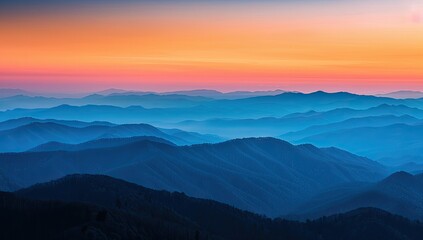 Obraz premium Blue Ridge Sunset Layers of mountains at sunrise, hazy sky; travel, nature backdrop