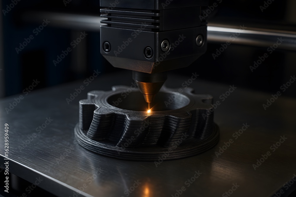 Poster 3d printing in action, creating a detailed gear.
