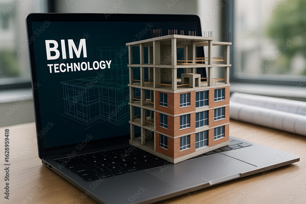 Poster a 3d building model sits on an open laptop screen displaying bim technology.