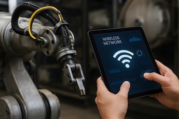 Modern technology: Robot arm with wireless network displayed on a tablet. 