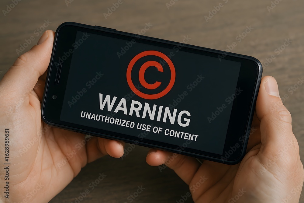 Poster a smartphone displaying a copyright warning message held in two hands.