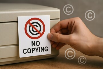 A hand placing no copying sign on copy machine. 