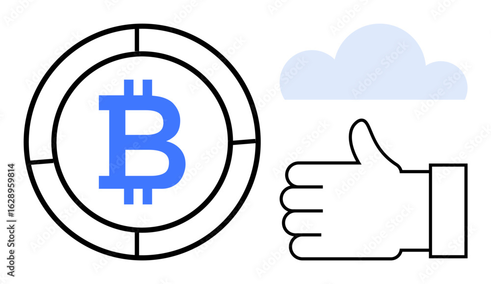 Poster bitcoin symbol in a circular frame next to a thumbs-up gesture and a light cloud. ideal for cryptocu