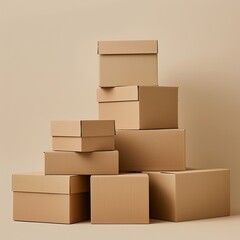 Obraz premium Cardboard boxes stacked, beige background, storage, shipping