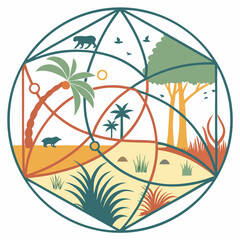 Obraz premium Geometric Savanna Wildlife Illustration with Palm Trees and Birds