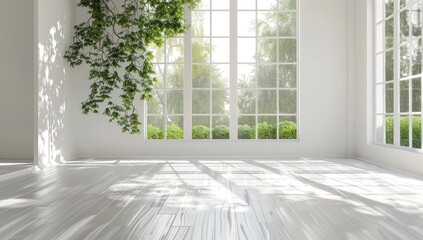 Fototapeta premium Sunlit Room, Greenery, White Walls, Garden View, Interior Design