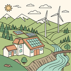 Green Energy Landscape Illustration Featuring Solar Panels and Wind Turbines