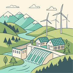 Green Energy Landscape with Hydroelectric Dam and Wind Turbines
