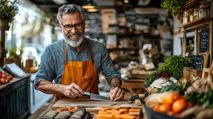 Fototapeta premium Smiling grocer, prepping produce