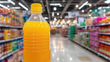 Orange juice bottle in supermarket aisle