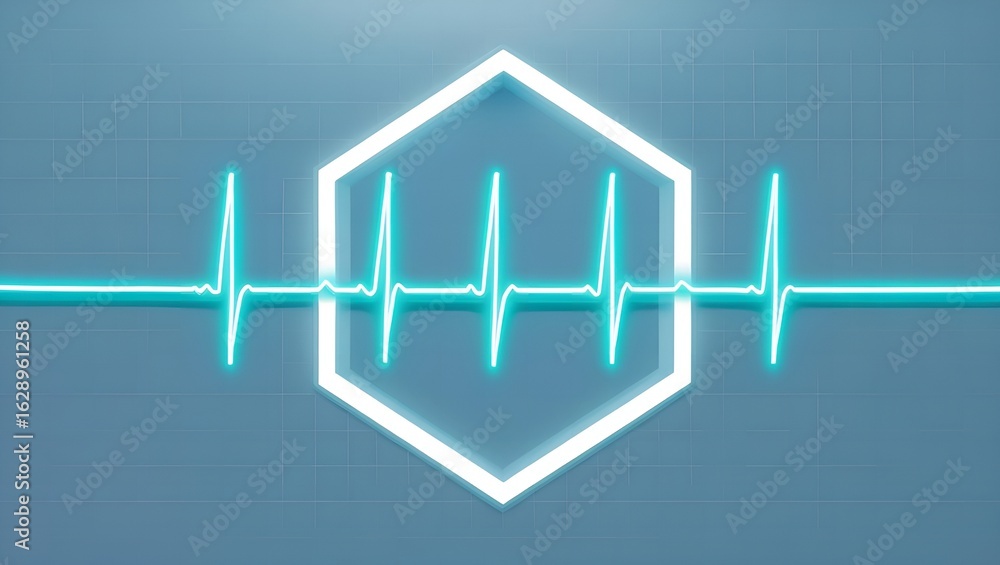 Poster abstract geometric neon hexagon with a pulsing blue line representing a heartbeat or signal