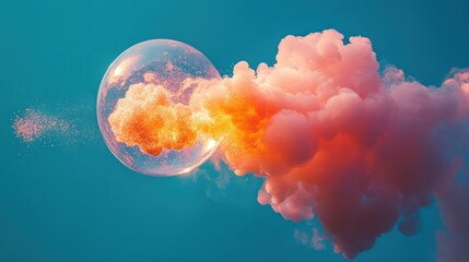 Exploding bubble sphere, fiery smoke, teal sky, abstract art, digital concept