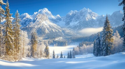 Snowy Alpine valley, pristine winter landscape
