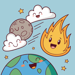 Fototapeta premium Happy Cartoon Sun Moon and Earth with Clouds and Stars