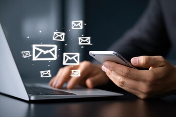 Person using laptop and phone, email icons overlay