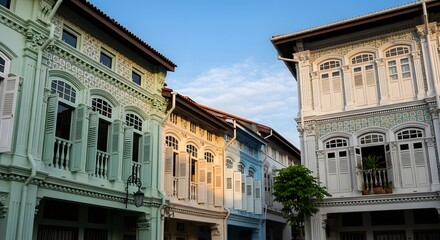 Charming Pastel Shophouses Line a Historic Street, Evoking Nostalgia and Cultural Heritage in a Vibrant Urban Landscape.