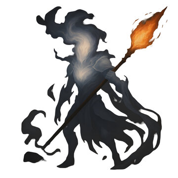 Ethereal figure with a smoky dark form and glowing core holds a flaming torch, casting light in a transparent, shadowy ambiance.