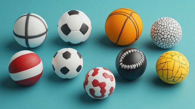 Colorful sport balls arranged on blue background, studio shot, website banner