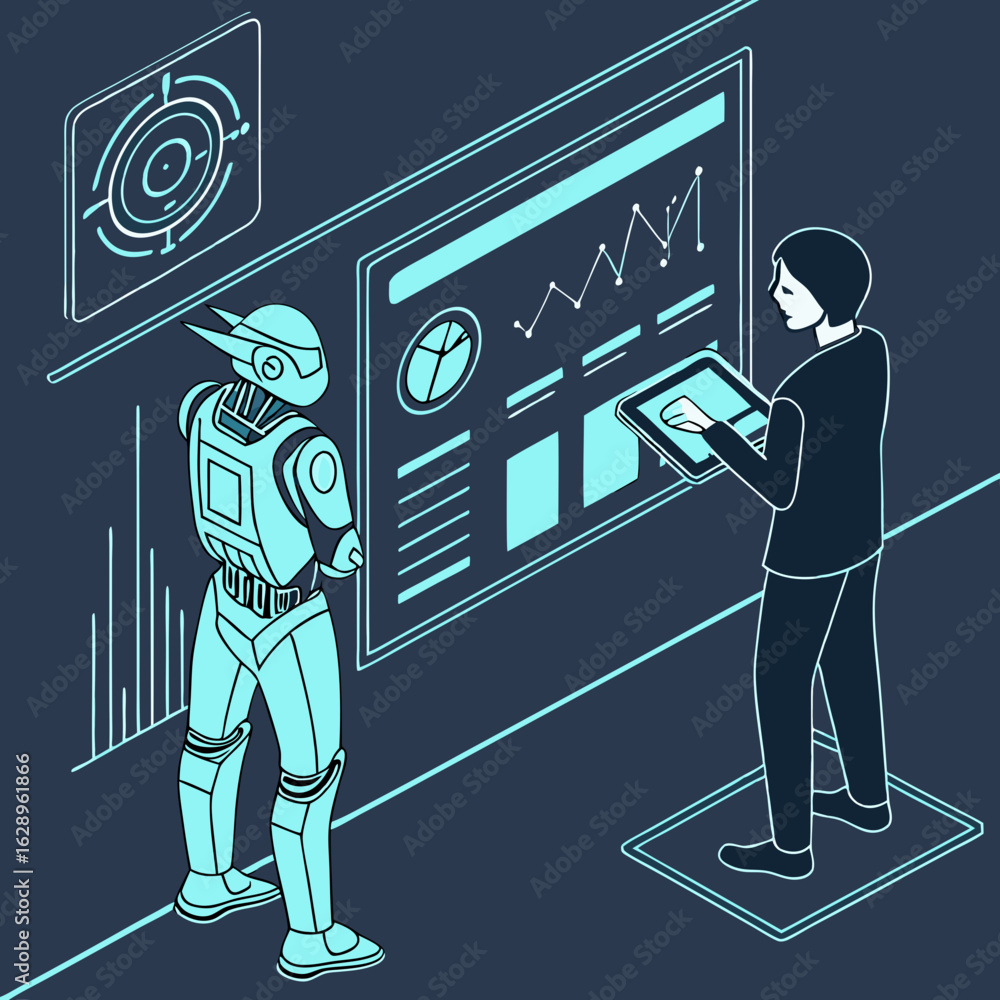 Poster human and robot collaborating on data analysis project