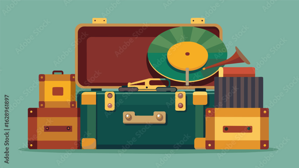 Aufkleber a record player designed to look like a vintage suitcase complete with a handle and travel stickers 