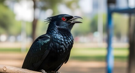 Intense Gaze of a Black Bird with Fiery Red Eyes, Capturing the Wild Beauty and Mysterious Aura of Nature's Avian Wonders, A Symbol of Untamed Spirit