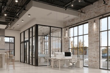 Obraz premium Modern, open-plan office space with exposed brick and glass walls