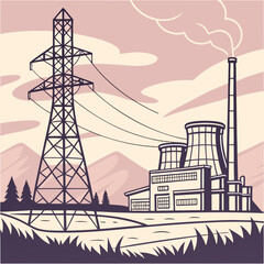 Industrial Power Plant at Sunset Landscape Illustration