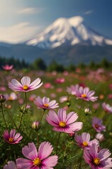 Fototapeta premium Pink cosmos flowers bloom in a field with a majestic snow capped mountain in the background