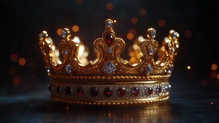 Gold royal crown jewels dark background bokeh success