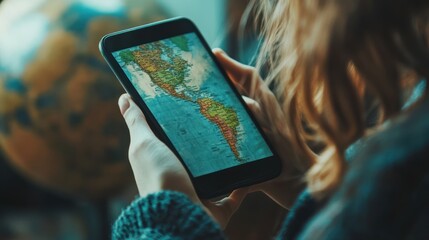 Woman planning trip on phone with map of the Americas, tourism concept