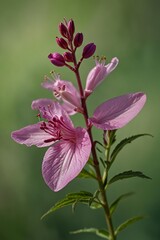 Obraz premium Delicate pink wildflower with green blurred background in soft natural light