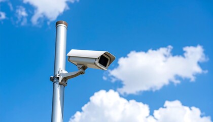 Security camera on a pole against a partly cloudy sky