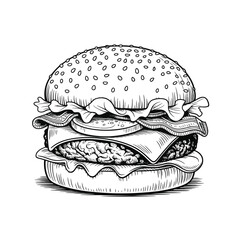 Hand drawn sketch of a delicious gourmet hamburger with all the fixings