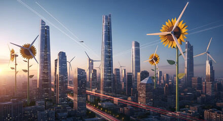 A City Powered by Giant Sunflower-Shaped Windmills