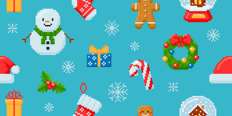 Seamless pixel wallpaper with a winter pattern of a snowman, wreath, Santa hat, sock, gift box.