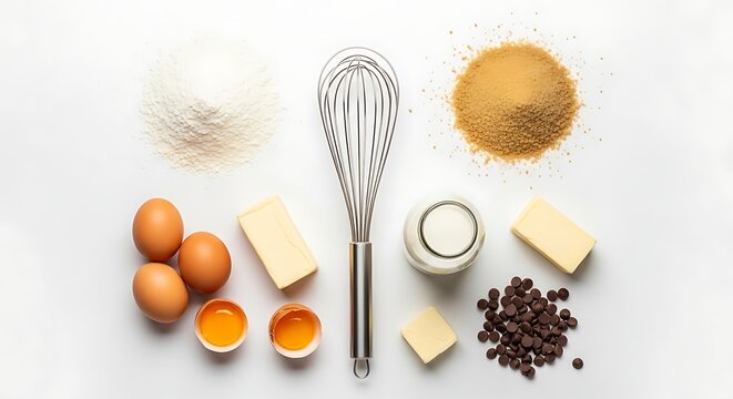 Ingredients for baking beautifully arranged on a surface.