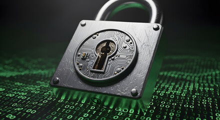 Padlock with Circuit Board Keyhole over Binary Data