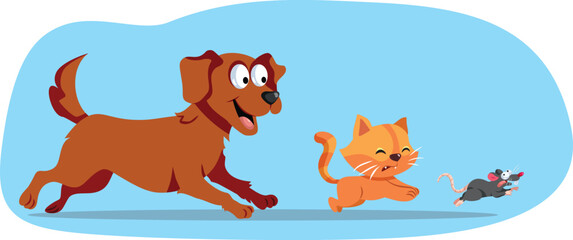 Dog Chasing Cat Running after a Mouse Vector Cartoon Illustration. Animals having fun being playful in a friendly chase game 
