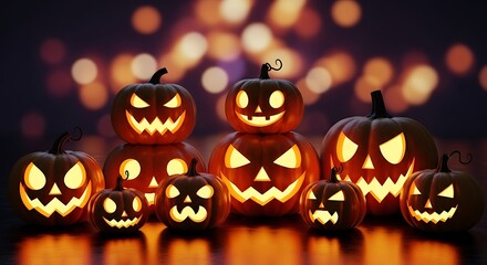 Illuminated jack-o'-lanterns creating a festive halloween mood with a luminous bokeh background