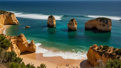 Dramatic coastal rock formations and turquoise ocean waves at sunrise