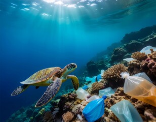 Fototapeta premium Sea Turtle Swimming Over Polluted Coral Reef